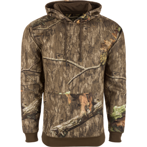Alt text: Non-Typical Back Eddy Embossed Hoodie, camouflage, with raised logo, kangaroo pocket, and adjustable drawstring hood, designed for outdoor activities.