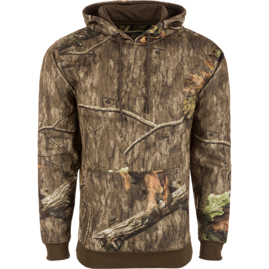 Alt text: Non-Typical Back Eddy Embossed Hoodie, camouflage, with raised logo, kangaroo pocket, and adjustable drawstring hood, designed for outdoor activities.