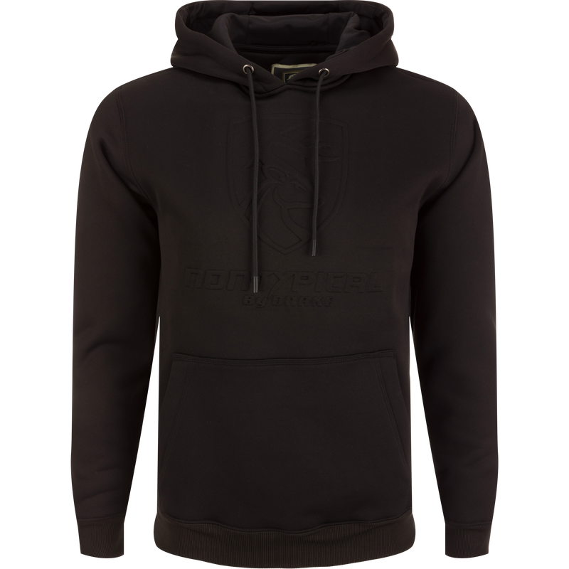 Non-Typical Back Eddy Embossed Hoodie with raised logo, kangaroo pocket, and adjustable drawstring hood, ideal for hunting and outdoor activities.