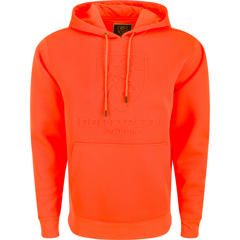 Non-Typical Back Eddy Embossed Hoodie with raised logo, kangaroo pocket, and lined hood with adjustable drawstrings, ideal for layering and water-resistant.