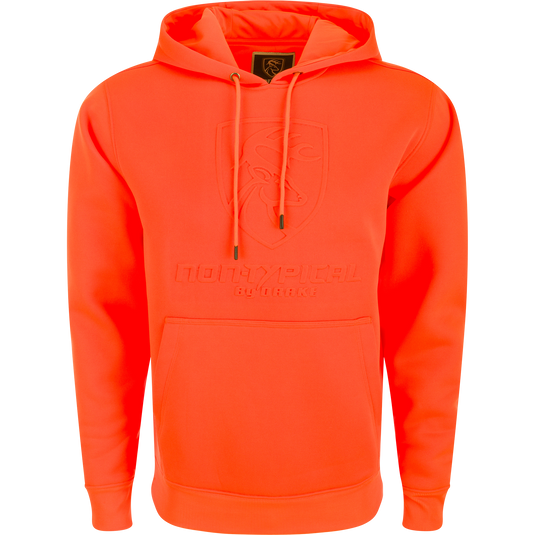 Non-Typical Back Eddy Embossed Hoodie with raised logo, kangaroo pocket, and lined hood with adjustable drawstrings, ideal for layering and water-resistant.