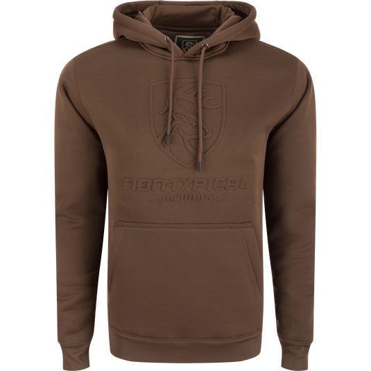 Non-Typical Back Eddy Embossed Hoodie featuring a raised logo, kangaroo pocket, and adjustable drawstring hood, suitable for outdoor activities.