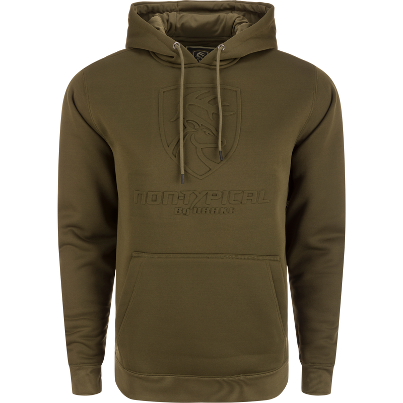 Non-Typical Back Eddy Embossed Hoodie with raised logo, kangaroo pocket, and adjustable drawstring hood, ideal for layering in hunting and outdoor activities.