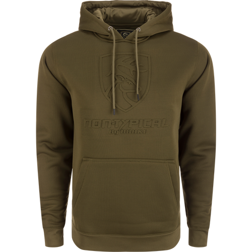 Non-Typical Back Eddy Embossed Hoodie with raised logo, kangaroo pocket, and adjustable drawstring hood, ideal for layering in hunting and outdoor activities.