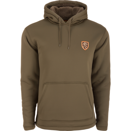 Alt text: Non-Typical LST Silencer Fleece-Lined Hoodie featuring a logo patch of a deer, double-lined hood, and kangaroo pouch for warmth and comfort.