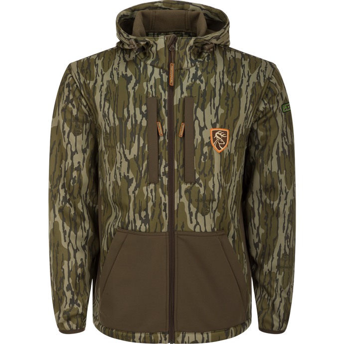 Non-Typical Endurance Full Zip Jacket w/Hood: a camouflage jacket with a deer head patch, zipper, fabric, and sleeve.