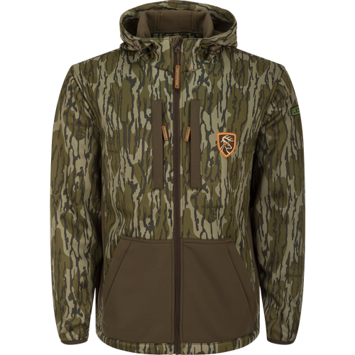 Non-Typical Endurance Full Zip Jacket w/Hood: a camouflage jacket with a deer head patch, zipper, fabric, and sleeve.