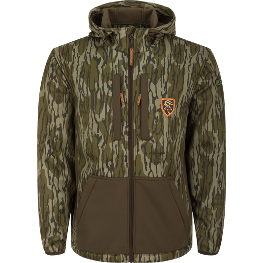 Non-Typical Endurance Full Zip Jacket w/Hood: a camouflage jacket with a deer head patch, zipper, fabric, and sleeve.