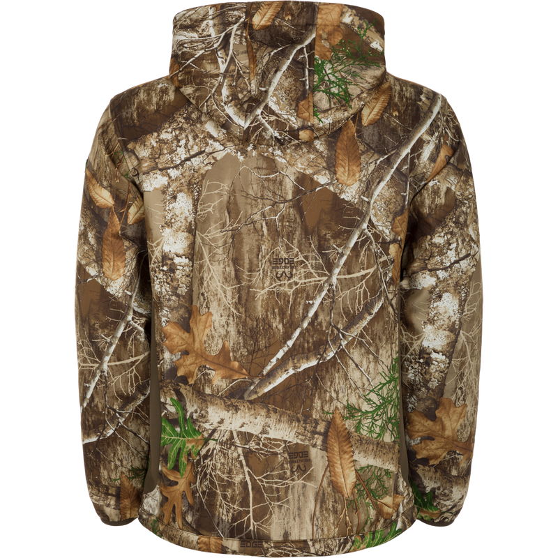 Endurance Full Zip Jacket w/Hood - Mossy Oak Country DNA, showcasing camouflage design with leaf patterns, full zip, adjustable hood, and zippered pockets for mid-season hunting.