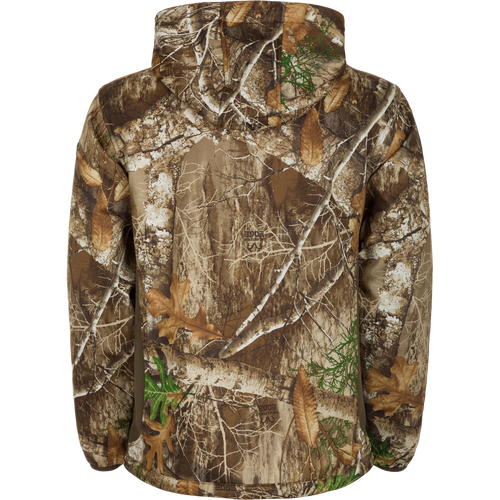 Endurance Full Zip Jacket w/Hood - Mossy Oak Country DNA, showcasing camouflage design with leaf patterns, full zip, adjustable hood, and zippered pockets for mid-season hunting.