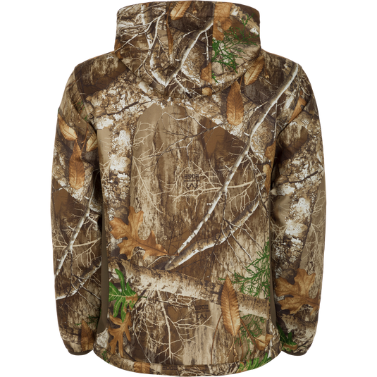 Endurance Full Zip Jacket w/Hood - Mossy Oak Country DNA, showcasing camouflage design with leaf patterns, full zip, adjustable hood, and zippered pockets for mid-season hunting.