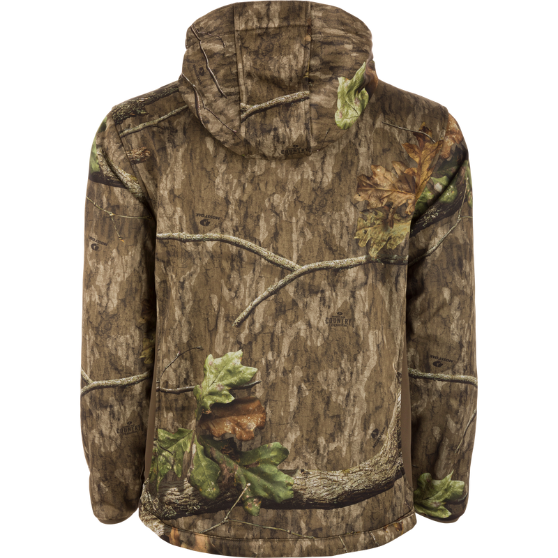 Non-Typical Endurance Hooded Full Zip Jacket featuring a camouflage design with leaves, vertical zippered chest pockets, lower zippered pouch pockets, and an adjustable hood.