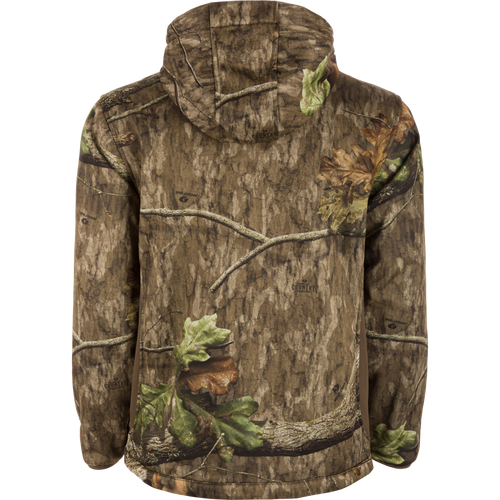 Non-Typical Endurance Hooded Full Zip Jacket featuring a camouflage design with leaves, vertical zippered chest pockets, lower zippered pouch pockets, and an adjustable hood.