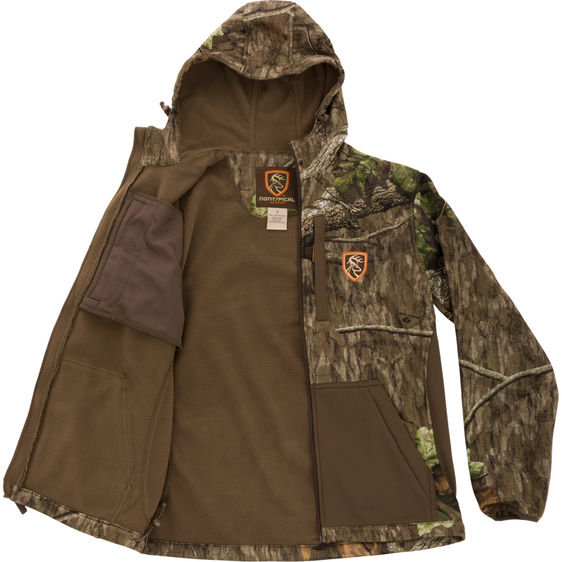 Non-Typical Endurance Hooded Full Zip Jacket with camouflage pattern, adjustable hood, vertical chest pockets, and lower zippered pouch pockets, showcased on a black background.