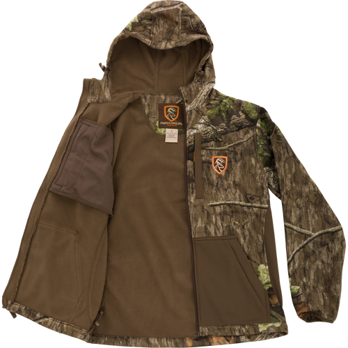 Non-Typical Endurance Hooded Full Zip Jacket with camouflage pattern, adjustable hood, vertical chest pockets, and lower zippered pouch pockets, showcased on a black background.