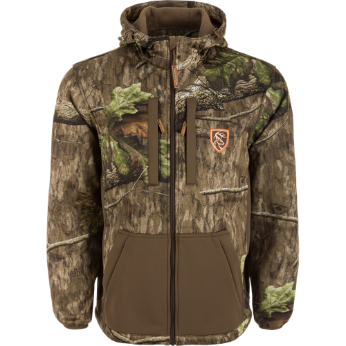 Non-Typical Endurance Hooded Full Zip Jacket featuring a camouflage pattern, full zip, adjustable hood, vertical and lower zippered pockets, and a deer patch.