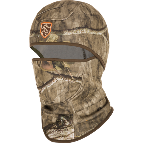 Camouflage Balaclava with logo, featuring moisture-wicking, high-stretch fabric, full head coverage, and scent control technology for optimal comfort and concealment.