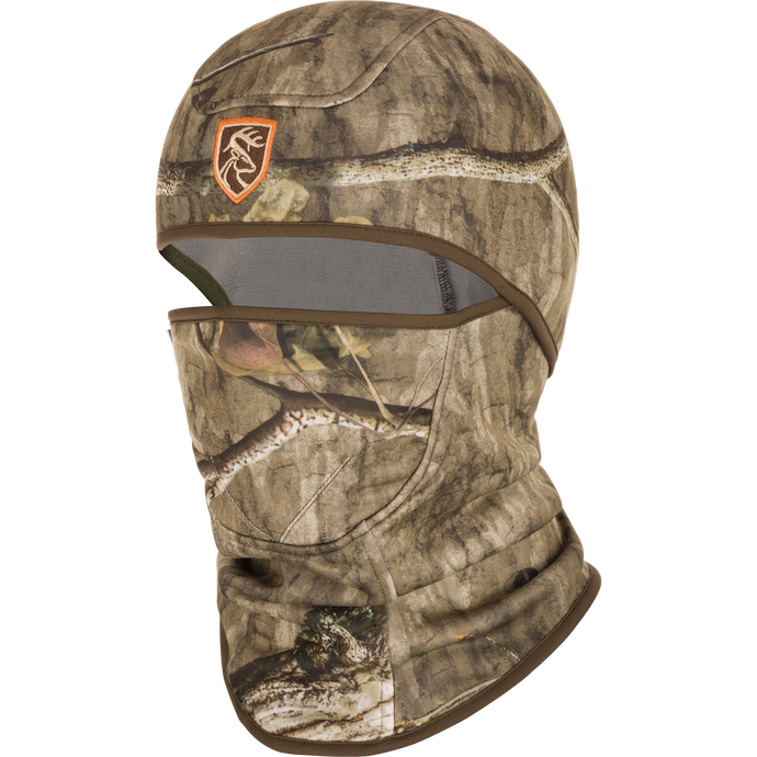 Camouflage Balaclava with logo, featuring moisture-wicking, high-stretch fabric, full head coverage, and scent control technology for optimal comfort and concealment.