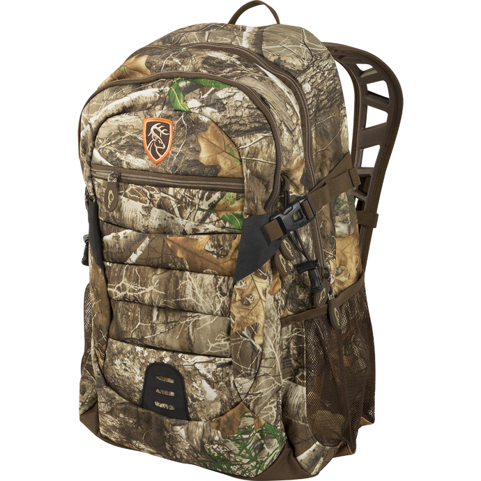 A Non-Typical Day Pack with a camouflage design, large storage compartments, and customized pockets for hunters. Comfortable padded shoulder straps, adjustable chest and waist straps. Perfect for packing in all your gear.