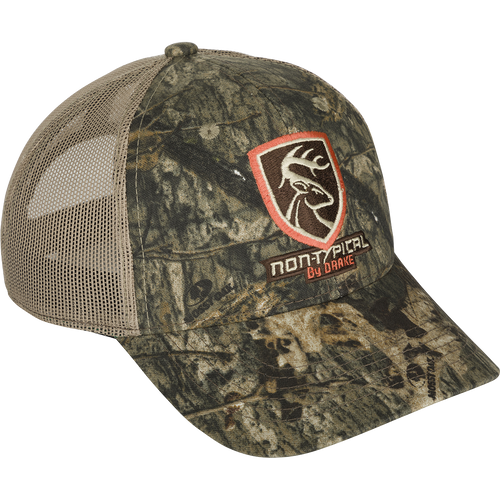 Non-Typical Logo Camo Mesh Back Cap featuring a logo patch with an animal on structured cotton twill front and breathable mesh back.