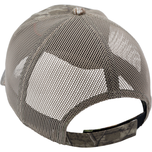 Close-up of the Non-Typical Logo Camo Mesh Back Cap with a structured cotton twill front and breathable mesh back, featuring an adjustable hook and loop closure.