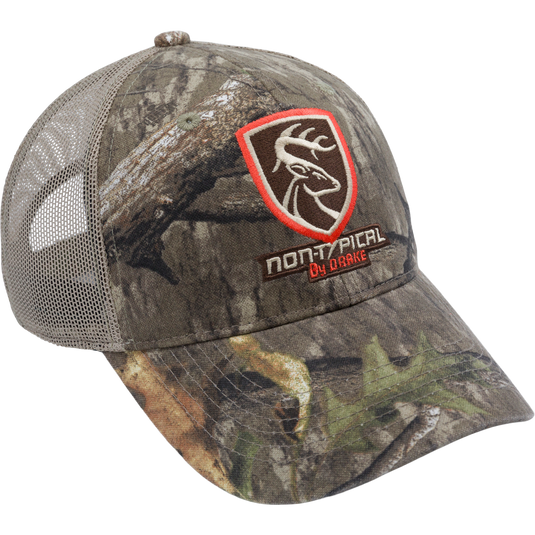 Non-Typical Logo Camo Mesh Back Cap featuring a breathable mesh back, structured cotton twill front panels, and adjustable rear hook and loop closure.