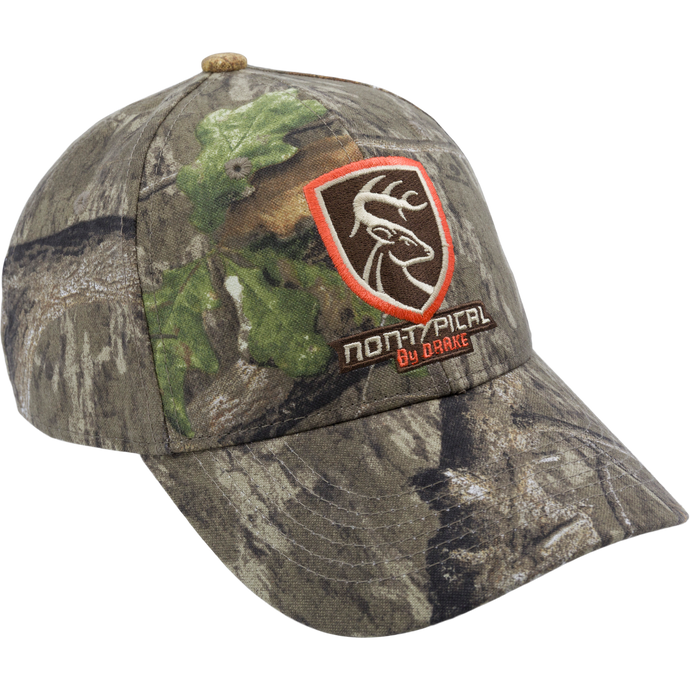 Non-Typical Logo Camo Cotton Cap with front logo, six-panel construction, mid-profile fit, and hook & loop closure. Made from 100% cotton twill.