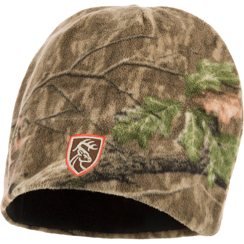 Non-Typical Camo Windproof Fleece Beanie featuring a deer logo, designed with a deep cut to cover ears and prevent heat loss.