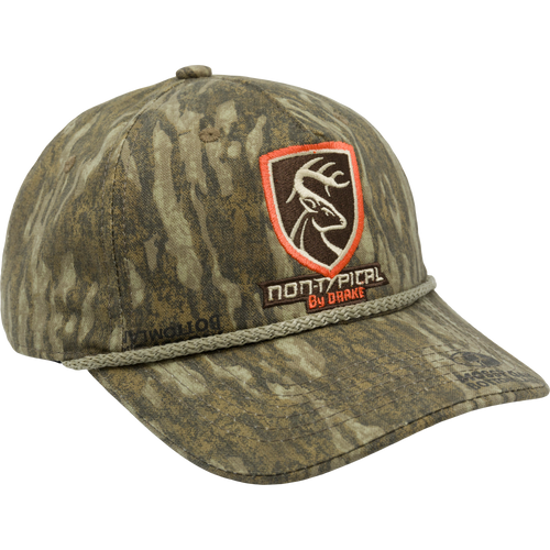 Non-Typical Five-Panel Cap with logo, featuring 100% cotton twill fabric, structured front panel, and adjustable rear hook & loop closure.