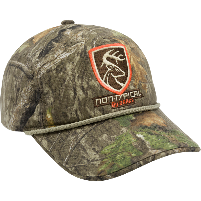 Non-Typical Five-Panel Cap with camouflage pattern, 100% cotton twill, featuring a structured front panel, mid-profile fit, and Non-Typical logo on the front.