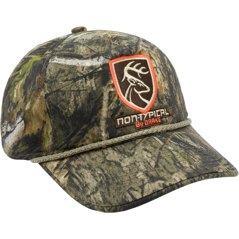 Non-Typical Five-Panel Cap featuring a camouflage design, structured front panel, and Non-Typical logo. Made of 100% cotton twill with adjustable hook & loop closure.