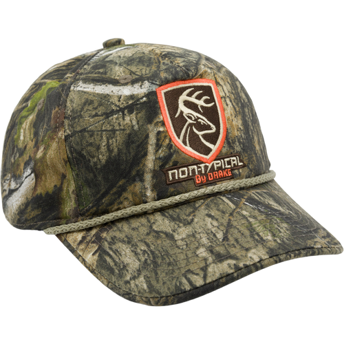 Non-Typical Five-Panel Cap featuring a camouflage design, structured front panel, and Non-Typical logo. Made of 100% cotton twill with adjustable hook & loop closure.