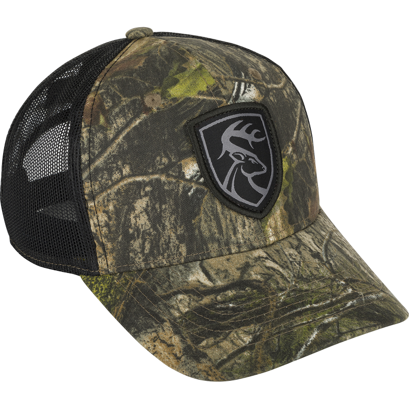 Mesh-Back Patch Logo Cap with black mesh, black and green logo patch, cotton twill front, breathable mesh back, and adjustable snap closure.