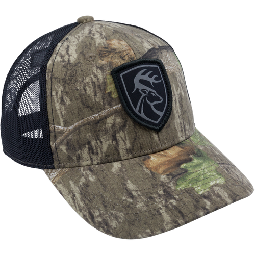 Mesh-Back Patch Logo Cap with a black and grey deer head patch, featuring 100% cotton twill front panels and breathable mesh back with snap closure.