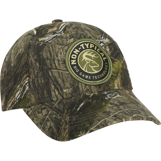 Big Game Technology Patch Camo Twill Cap featuring a camouflage design, six-panel construction, unstructured front, and adjustable snap closure.