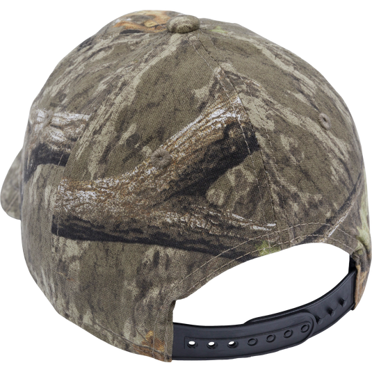 Big Game Technology Patch Camo Twill Cap, featuring full camo concealment, six-panel construction, and an adjustable snap closure, perfect for hunting.