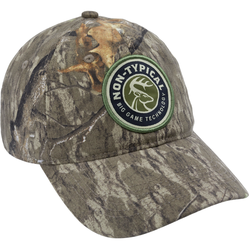 Big Game Technology Patch Camo Twill Cap with logo, six-panel construction, and snap closure for adjustable fit.