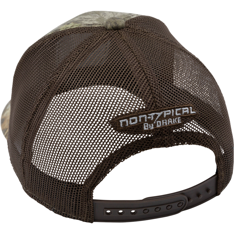 Americana Shield Patch Mesh Back Cap featuring a brown hat with a black strap, breathable mesh back, and snap closure.