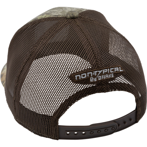 Americana Shield Patch Mesh Back Cap featuring a brown hat with a black strap, breathable mesh back, and snap closure.