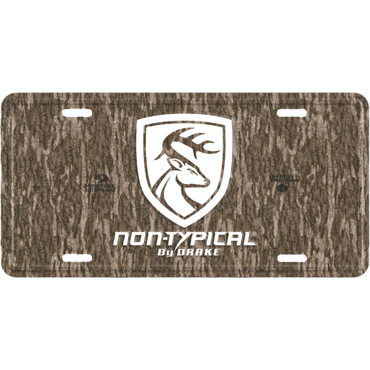 A cast aluminum license plate featuring the Non-Typical text and deer logo emblem of Drake Non-Typical for hunting enthusiasts.