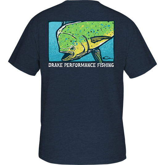 Back view of the Trekking Dorado T-Shirt, featuring a colorful Dorado fish graphic. Made from a 60% cotton, 40% polyester blend.