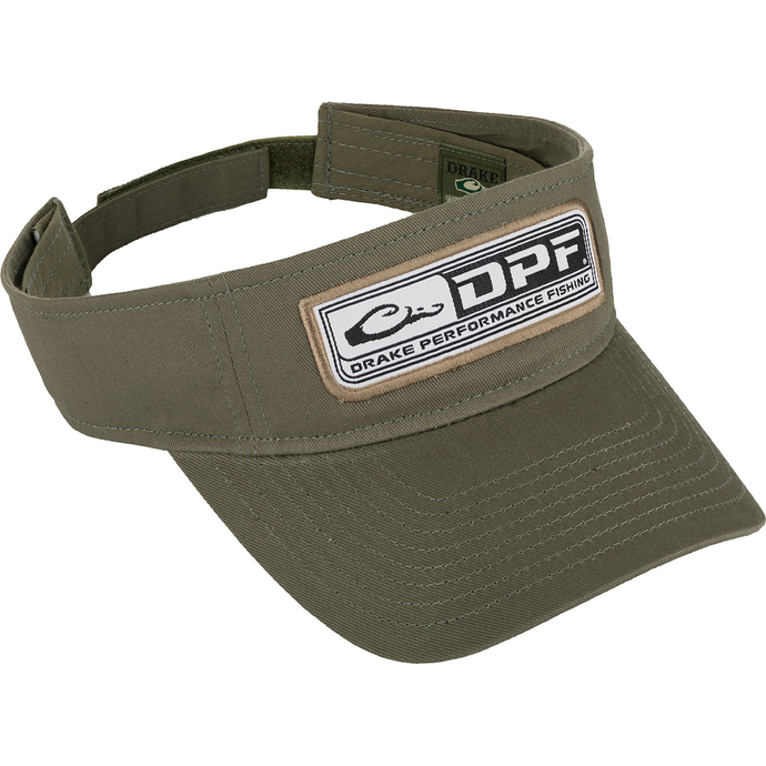 Drake Fishing Logo Visor with a white DPF logo, pre-curved bill, and hook & loop closure for adjustable fit. Ideal for fishing in hot weather.