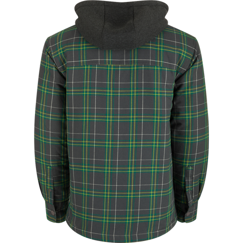 Back view of the Drake Men’s Campfire Flannel Jac Shirt Hoodie with adjustable hood and button snap closure.