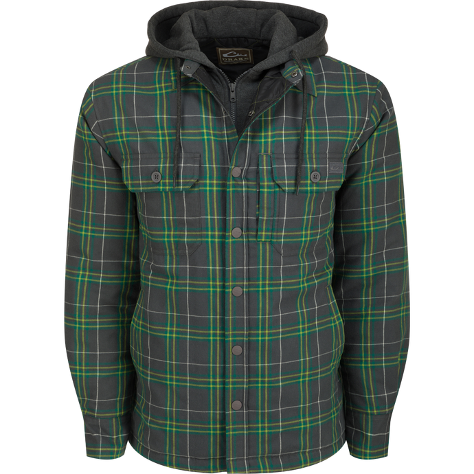 Alt text: The Campfire Flannel Hoodie with a plaid pattern, adjustable hood, button snap closure, and multiple pockets, designed for warmth and comfort.