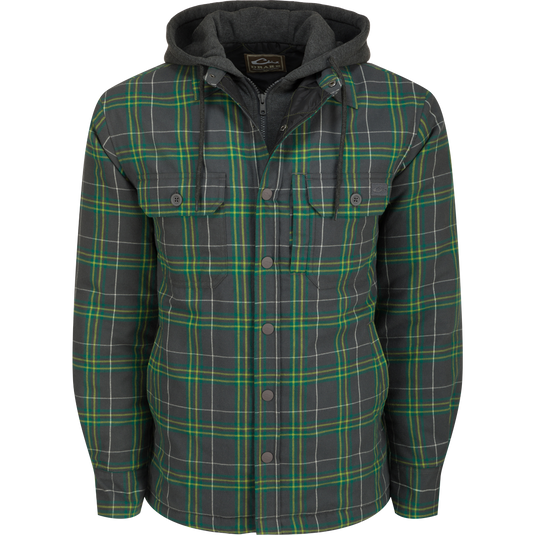 Alt text: The Campfire Flannel Hoodie with a plaid pattern, adjustable hood, button snap closure, and multiple pockets, designed for warmth and comfort.
