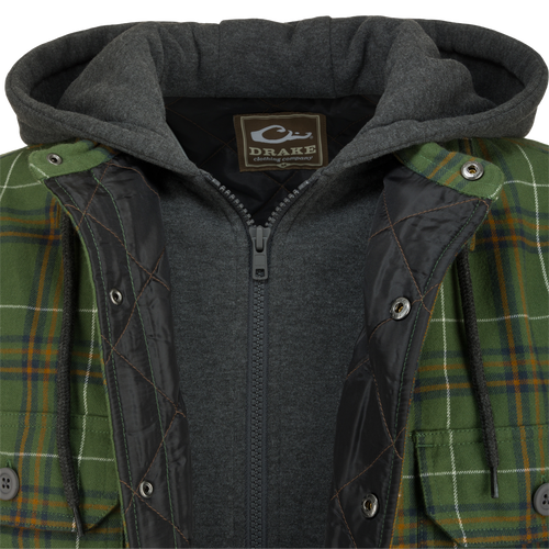 Alt text: The Campfire Flannel Hoodie with a plaid pattern, button snap closure, adjustable hood, and multiple pockets, designed for warmth and versatility.
