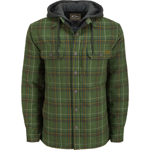 Drake Campfire Flannel Hoodie with adjustable hood, button snap closure, and quilted insulation for warmth and comfort.