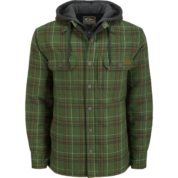 Drake Campfire Flannel Hoodie with adjustable hood, button snap closure, and quilted insulation for warmth and comfort.