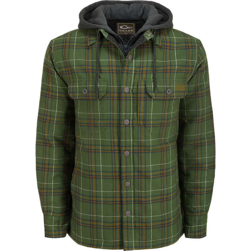 Drake Campfire Flannel Hoodie with adjustable hood, button snap closure, and quilted insulation for warmth and comfort.