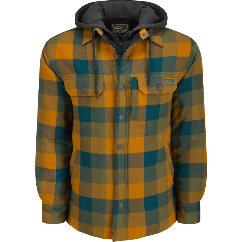 Alt text: The Campfire Flannel Hoodie with adjustable hood, button snap closure, and multiple pockets, designed for warmth and versatility in outdoor settings.